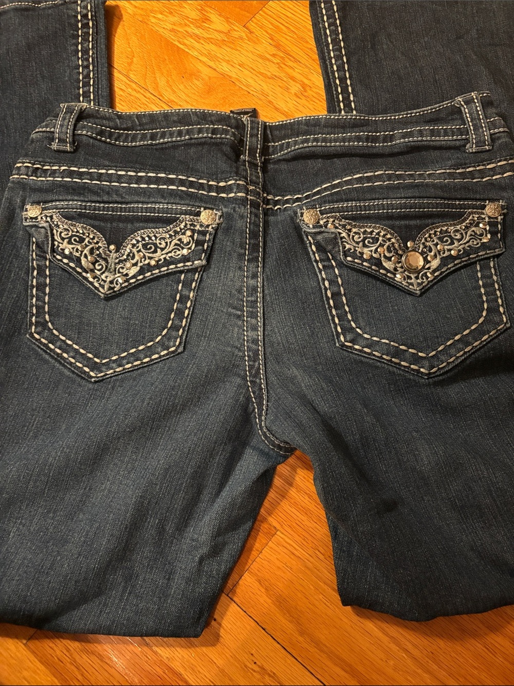 Paisley Sky Dark Blue Bootcut Jeans with Embroidered Flap Pockets
